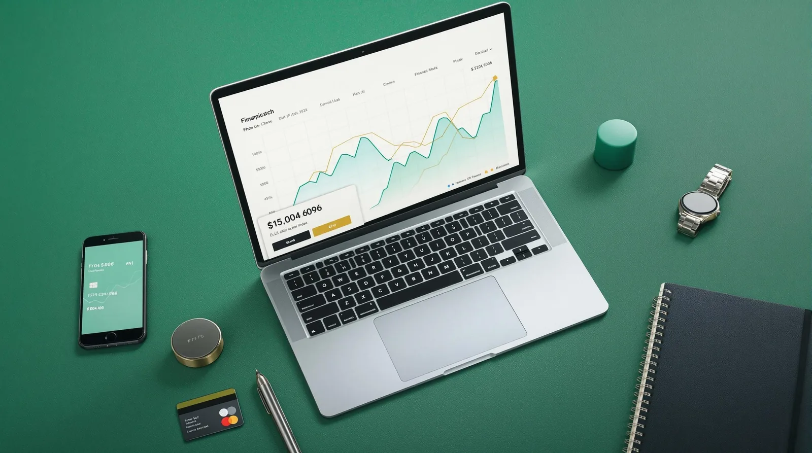 Laptop showing a lending dashboard on a green desk