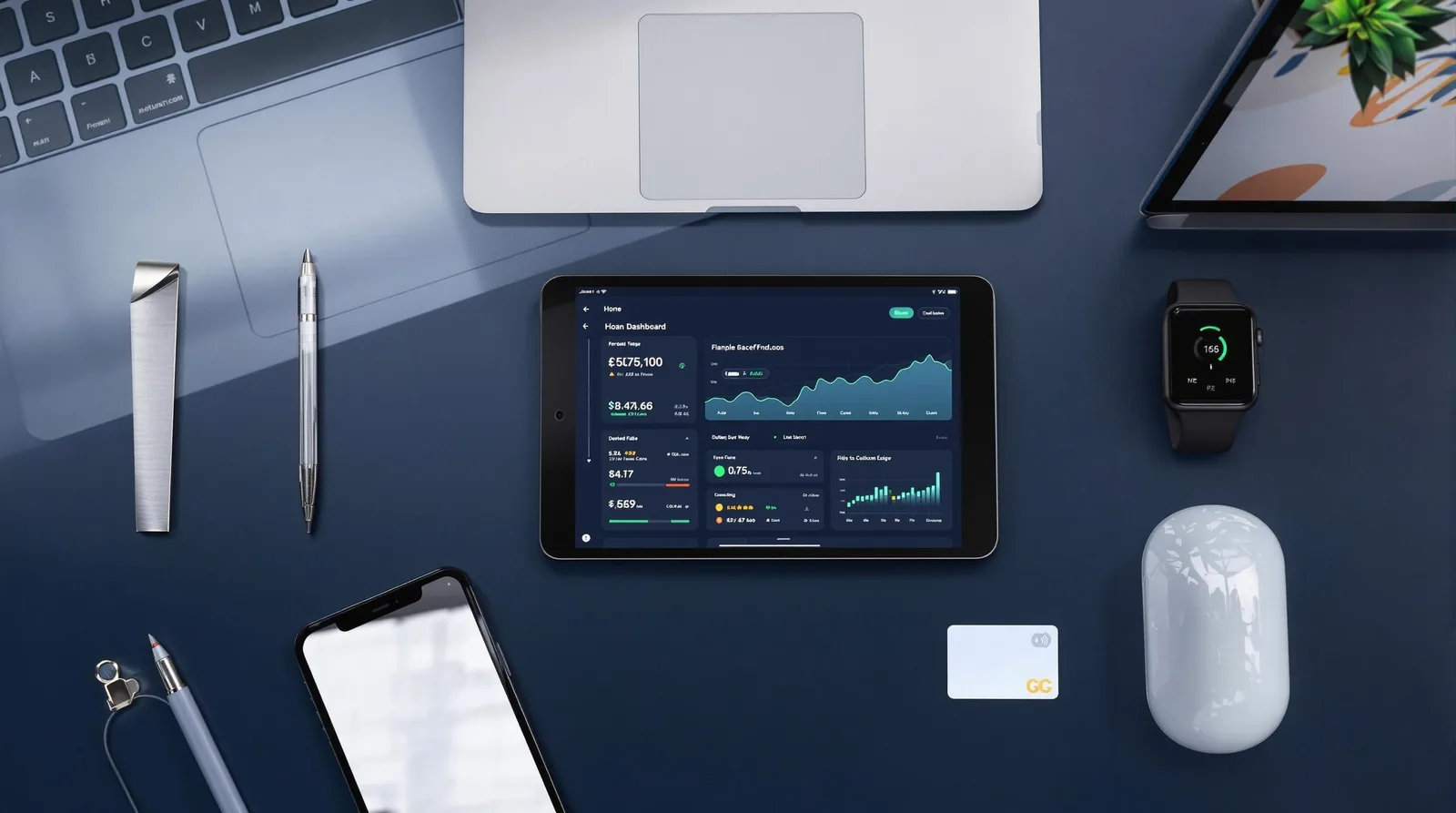 A modern workspace setup featuring a tablet displaying financial data, smartphone, and accessories on a dark background.