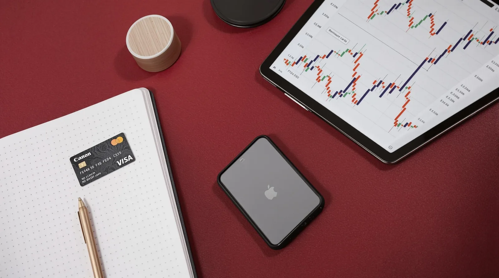A flat lay of a financial workspace featuring a tablet with charts, a notebook, a credit card, and a pen.