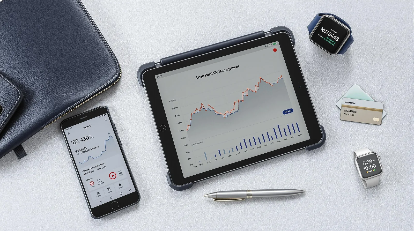 Smartphone and tablet displaying loan portfolio management data, alongside a pen, smartwatch, and credit cards.