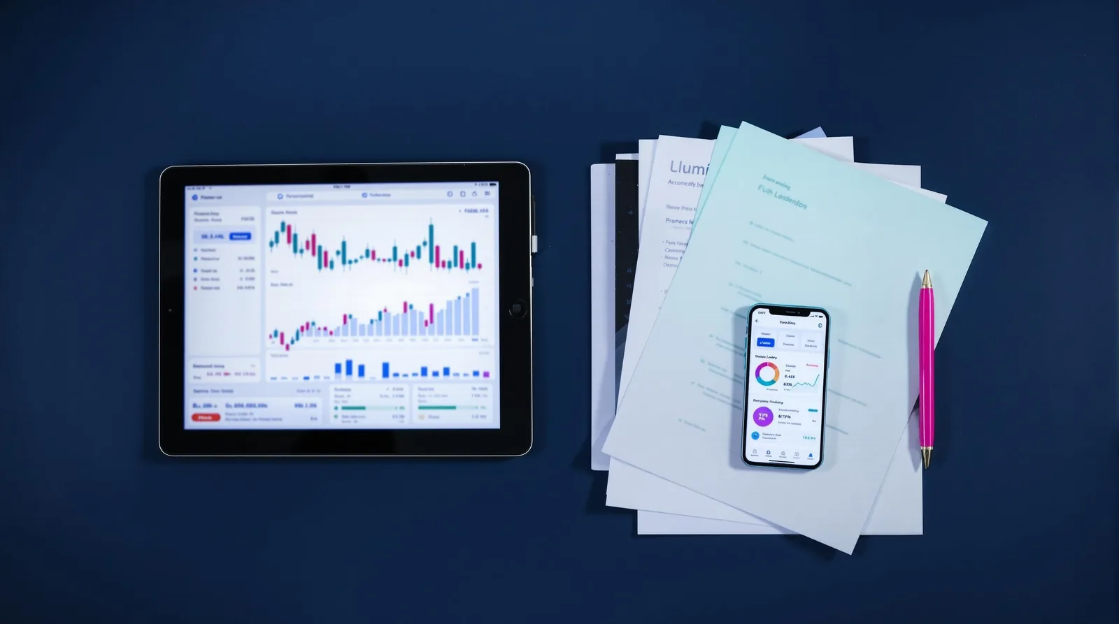 Tablet and smartphone displaying financial graphs and data analysis beside documents and a pink pen on a blue background.