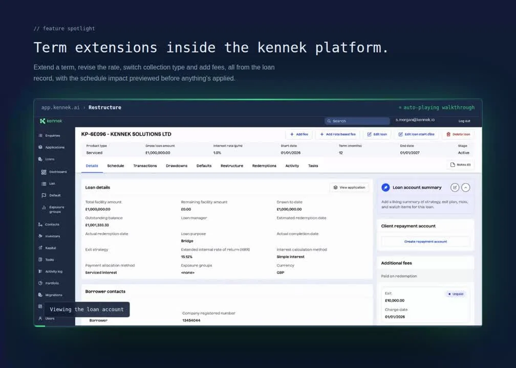 The restructure screen in kennek, extending a loan's term