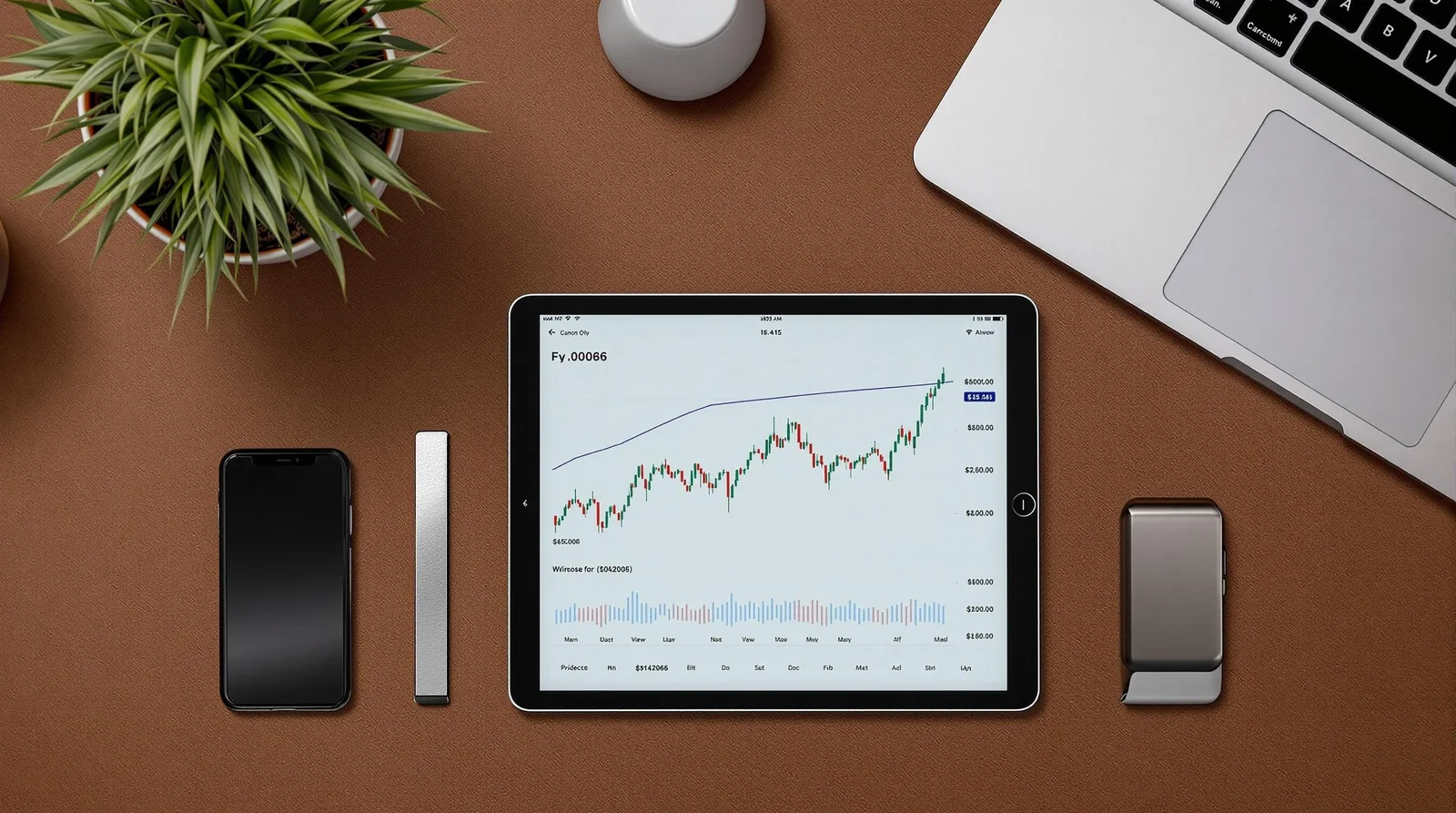 Workspace setup featuring a tablet with stock market graph, smartphone, plant, and laptop on brown desk.