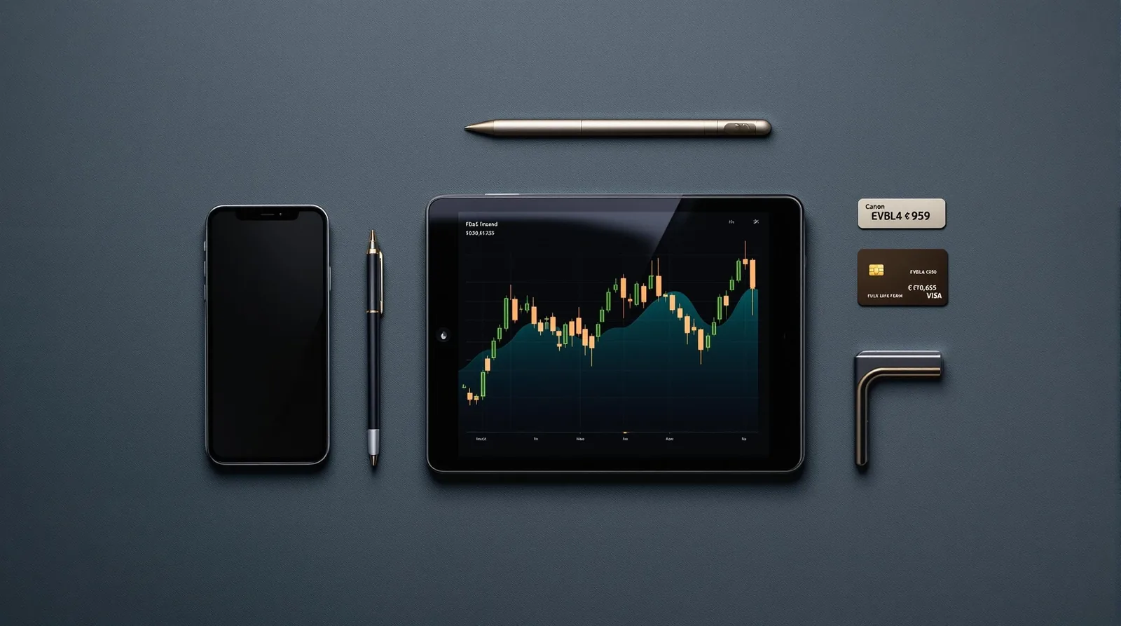 Smartphone, tablet with financial chart, pen, and credit cards on a dark surface, symbolizing finance and technology.