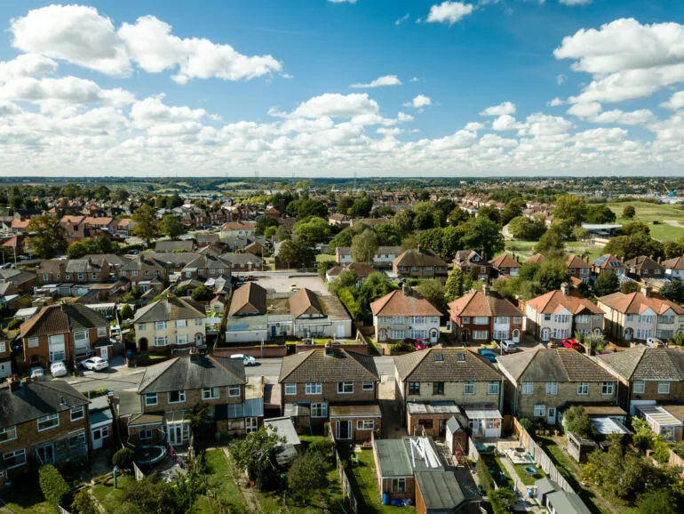 Aerial view of UK suburban housing