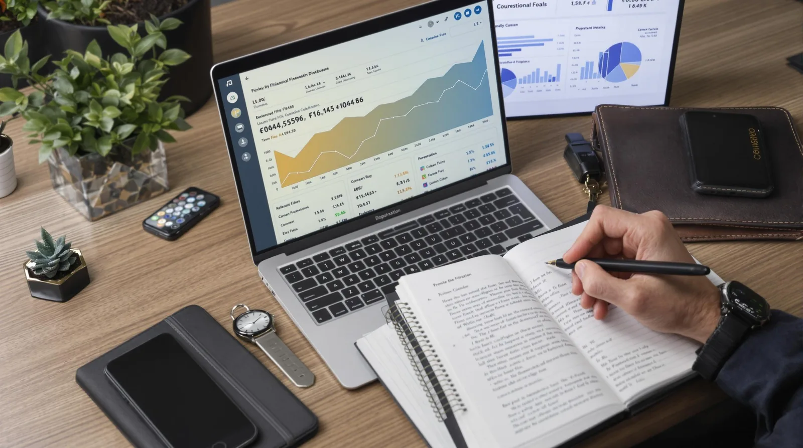 A person writing notes while analyzing financial data on a laptop and reviewing charts, with desk items and plants.