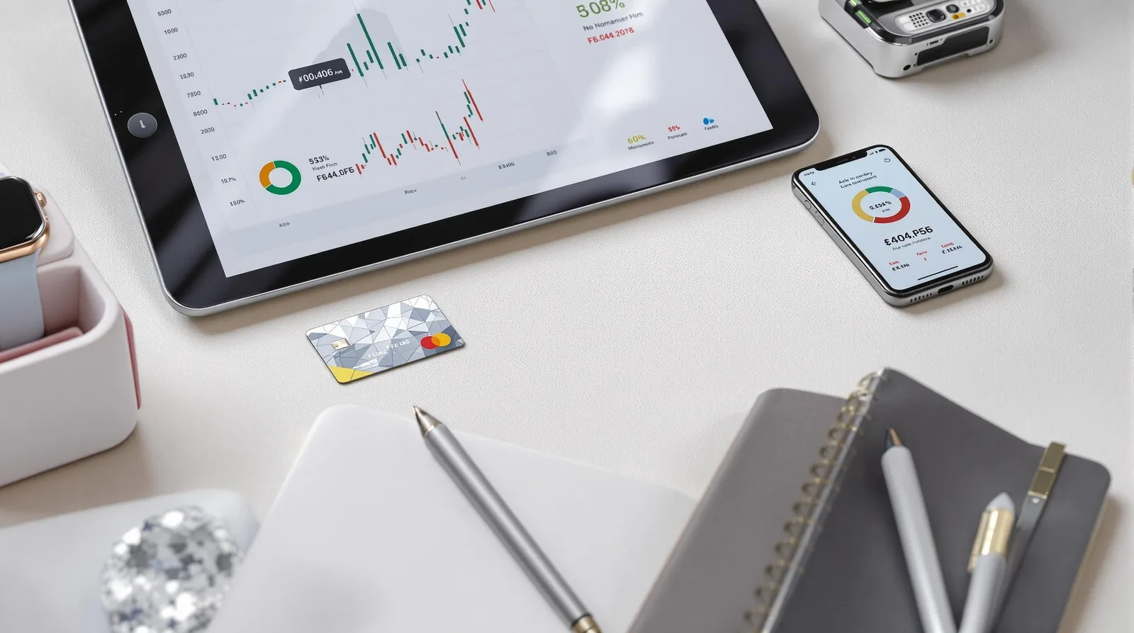 Close-up of a tablet and smartphone displaying financial data, alongside a pen and notebook on a desktop.