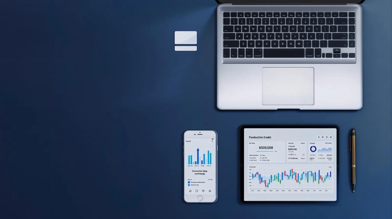 Laptop, smartphone, and tablet displaying financial graphs and charts on a blue background with a credit card.