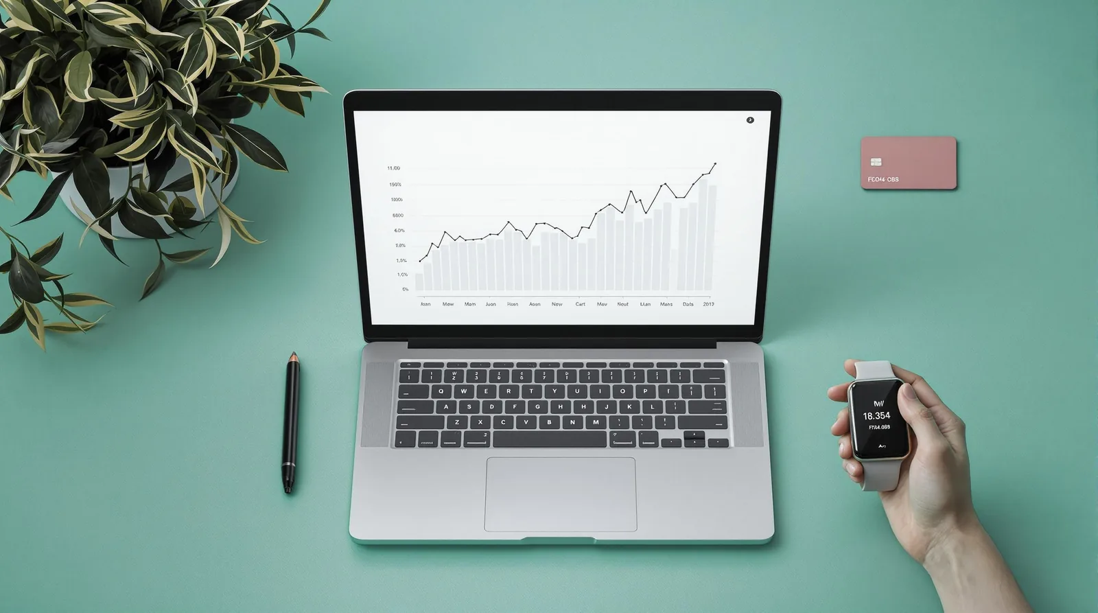 A laptop displaying a growth chart alongside a smartwatch, a pen, and a credit card on a teal background.