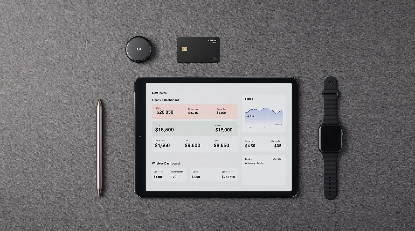 Financial dashboard displayed on a tablet, with a pen, smartwatch, and credit card on a gray surface.