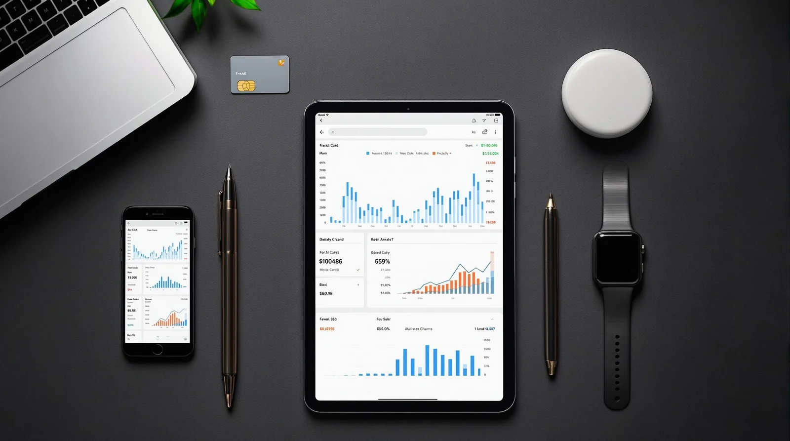 Modern workspace with a laptop, tablet, smartphone, smartwatch, and financial analysis charts on a dark surface.
