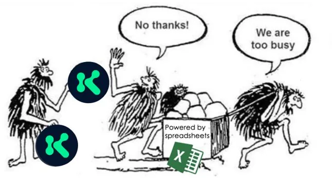 Cartoon of cavemen too busy with spreadsheets to take the kennek wheel